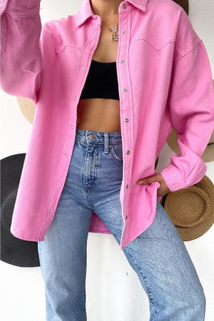 Kadın Düşük Omuz Oversize Çıtçıtlı Kalın Gömlek - Pembe