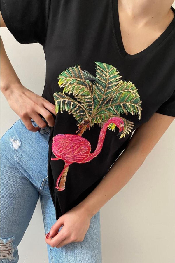 Kadın V Yaka Flamingo Pul Işlemeli Pamuk T-shirt - Siyah