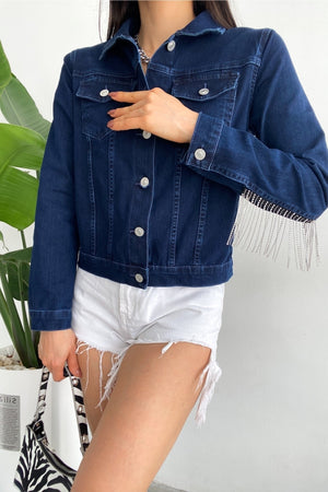 Kadın Sırtı Püsküllü Tasarım Denim Kot Ceket - Mavi