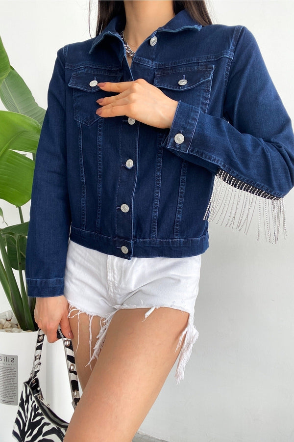 Kadın Sırtı Püsküllü Tasarım Denim Kot Ceket - Mavi