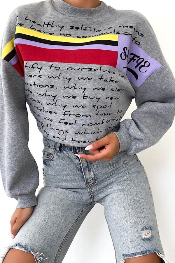 Yeni Sezon Selfie Baskılı Pamuklu Oversize Sweatshirt - Gri