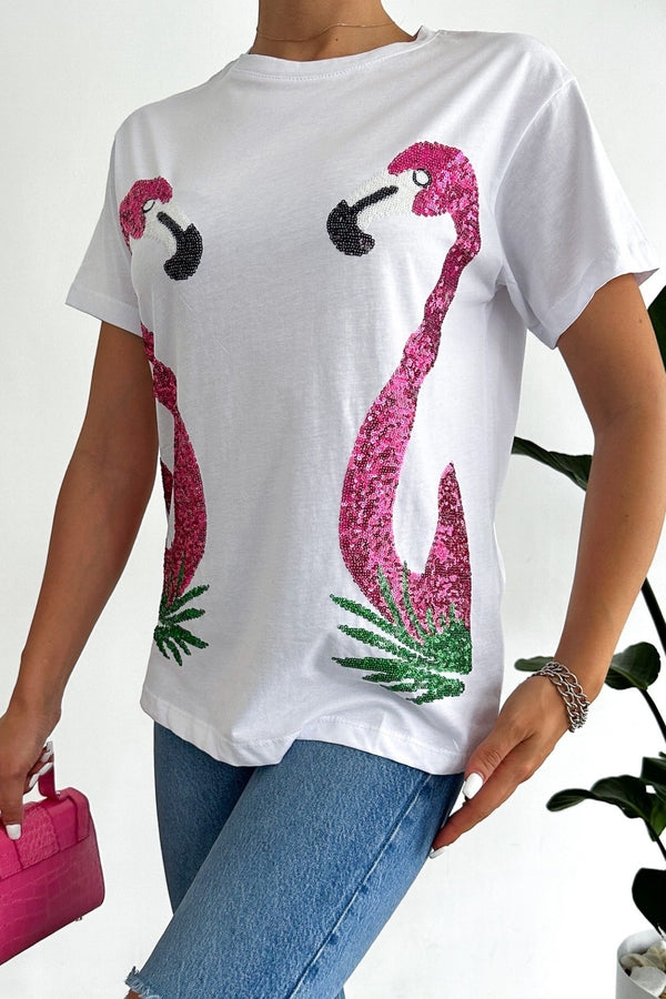 Kadın Yeni Sezon Flamingo Pul Payet Işlemeli Pamuk Tişört - Beyaz