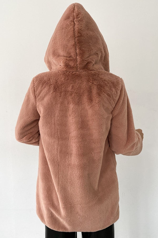 Kadın Astarlı Peluş Kapüşonlu Kürk Kaban Mont Kürk - PUDRA