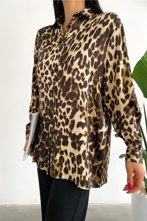 Kadın Yeni Sezon Leopar Desen Salaş Oversize Gömlek - Siyah