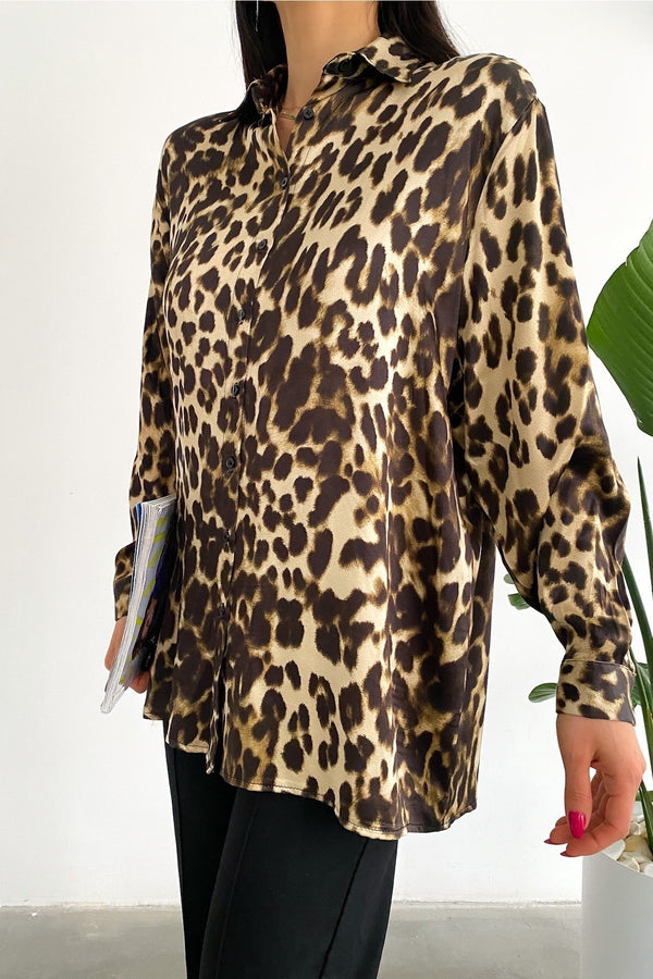 Kadın Yeni Sezon Leopar Desen Salaş Oversize Gömlek - Siyah