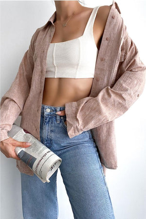 Kadın Çift Cepli Düşük Omuz Oversize Boyfriend Salaş Kalıp Keten Basic Gömlek - Kahverengi