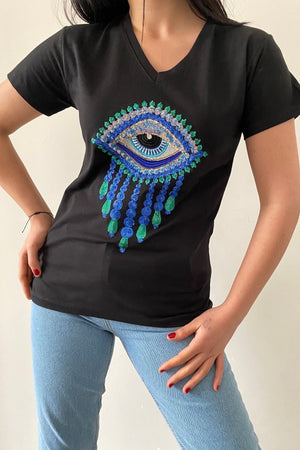 Kadın V Yaka Göz Pul Ve Nakış Işlemeli %100 Pamuk T-shirt - Siyah