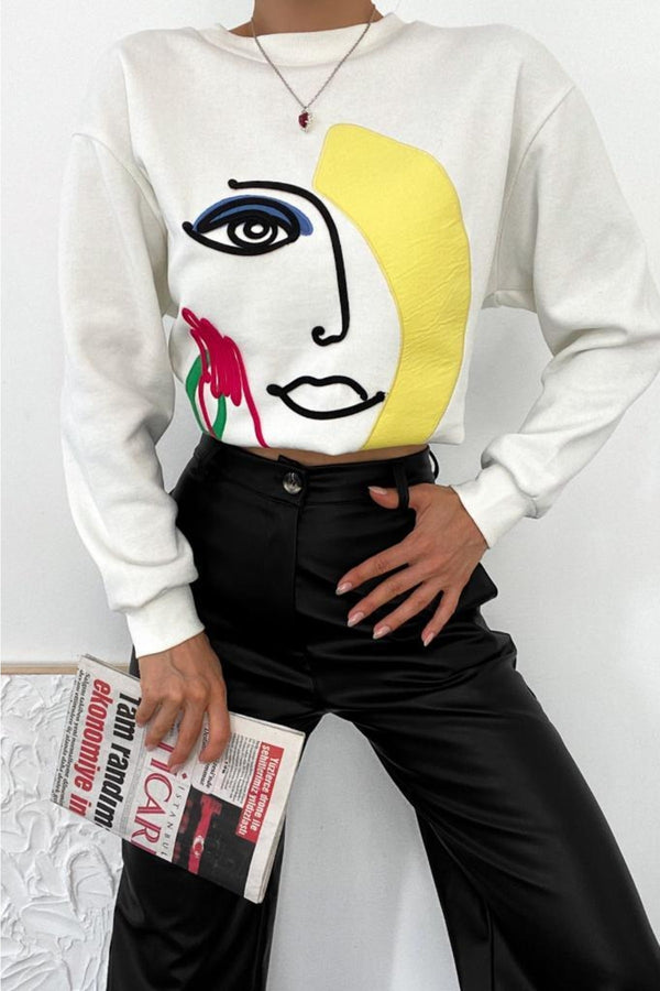 Kalın Içi Polarlı Nakış Işlemeli Kabartmalı Oversize Sweatshirt - Ekru