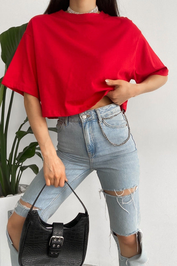 Kadın %100 Pamuk Crop Tişört - Kırmızı