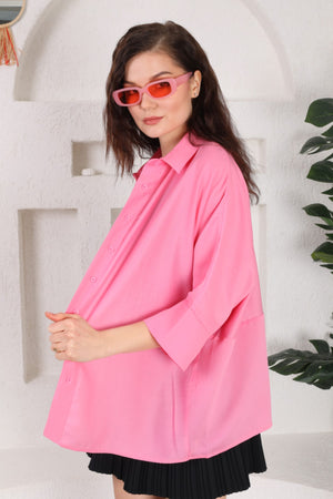 Kadın Gizli Düğmeli Fakir Kol Salaş Oversize Geniş Kalıp %50 Viskon %50 Pamuk Gömlek - Pembe