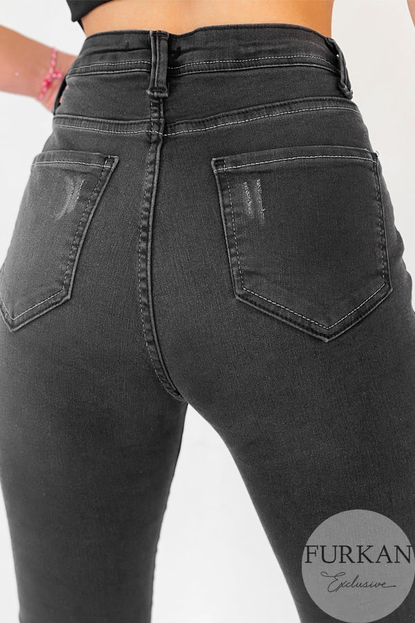 Tırnaklı Yüksek Bel Likralı Jean Pantolon - Füme