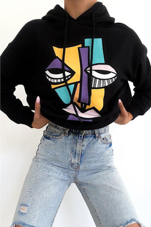 Kadın Yeni Sezon Karakter Baskılı Kapüşonlu Pamuklu Sweatshirt - Siyah