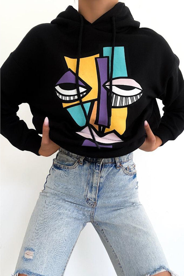 Kadın Yeni Sezon Karakter Baskılı Kapüşonlu Pamuklu Sweatshirt - Siyah