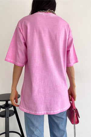 Kadın Yeni Sezon Yıkamalı Salaş Oversize Tişört - Pembe