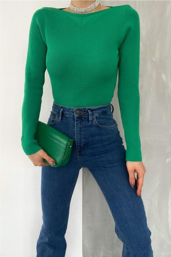 Kadın Standart Beden Basic Yaka Detaylı Fitilli Örme Bluz - Yeşil