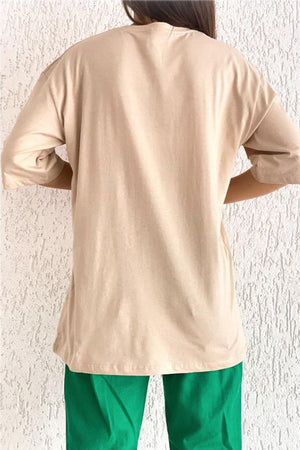 Kadın Cozy Vibes Baskılı Salaş T-shirt - Bej