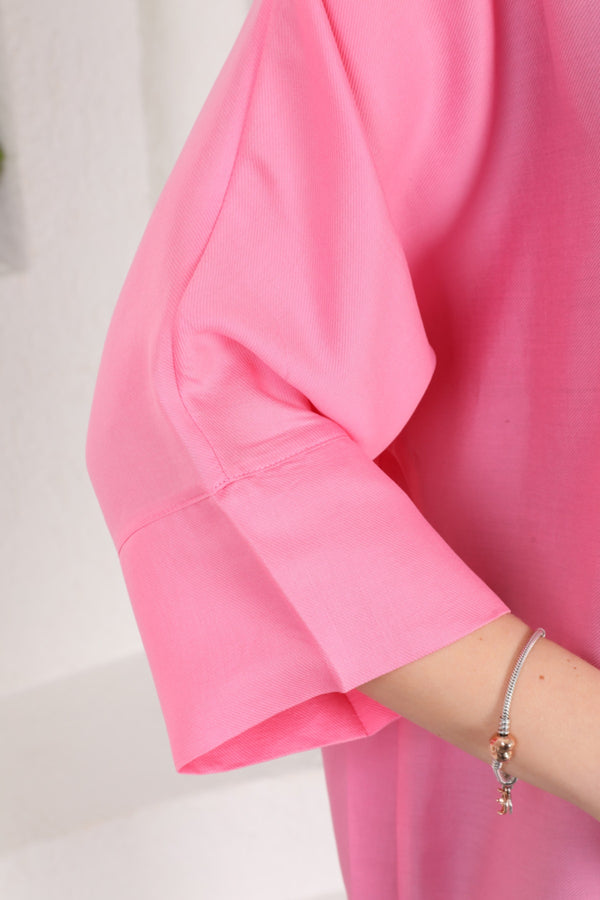 Kadın Gizli Düğmeli Fakir Kol Salaş Oversize Geniş Kalıp %50 Viskon %50 Pamuk Gömlek - Pembe