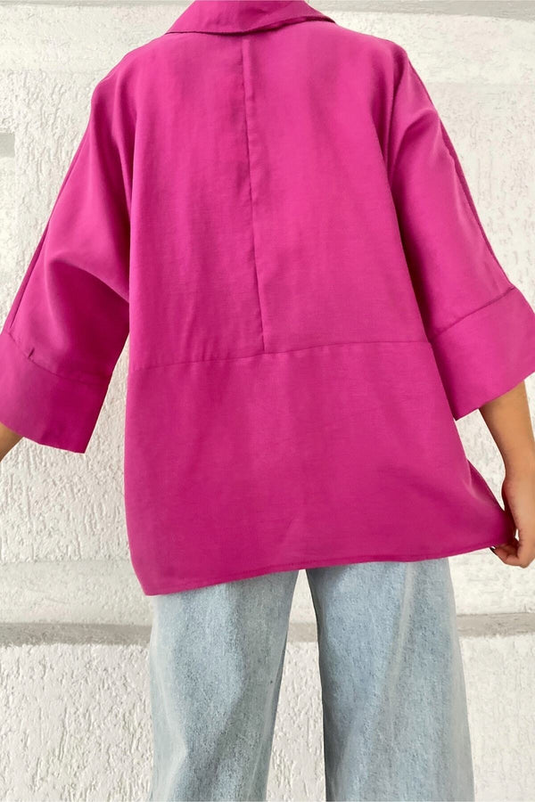 Kadın Gizli Düğmeli Fakir Kol Salaş Oversize Geniş Kalıp %50 Viskon %50 Pamuk Gömlek - Pembe