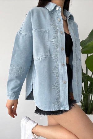 Kadın Buz Yeni Sezon Çift Cepli Standart Beden Nakış Işlemeli Oversize Ceket - Mavi