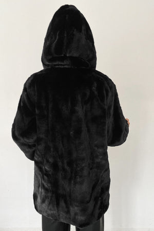 Kadın Astarlı Peluş Kapüşonlu Kürk Kaban Mont Kürk - Siyah