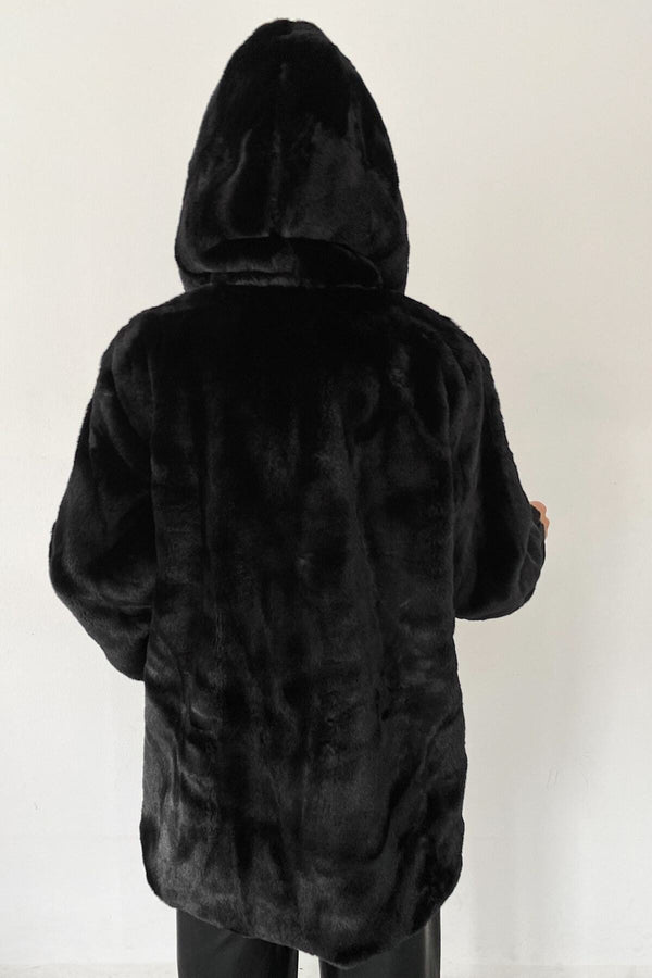 Kadın Astarlı Peluş Kapüşonlu Kürk Kaban Mont Kürk - Siyah