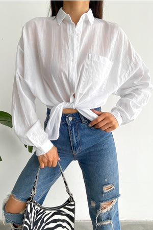 Kadın Düşük Omuz Tek Cep Basic Oversize Geniş Kalıp Gömlek - Beyaz