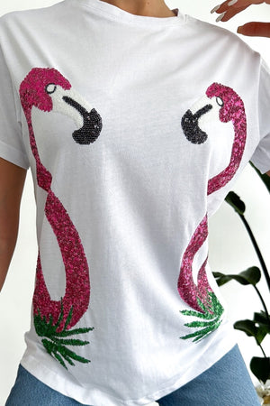 Kadın Yeni Sezon Flamingo Pul Payet Işlemeli Pamuk Tişört - Beyaz