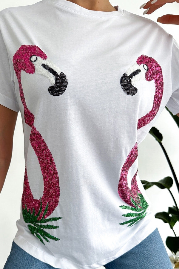 Kadın Yeni Sezon Flamingo Pul Payet Işlemeli Pamuk Tişört - Beyaz