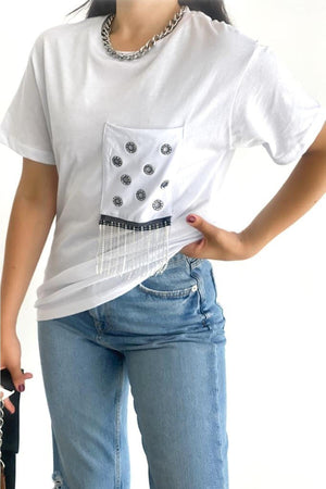 Kadın Bisiklet Yaka Püsküllü Taş Işlemeli Pamuk T-shirt - Beyaz