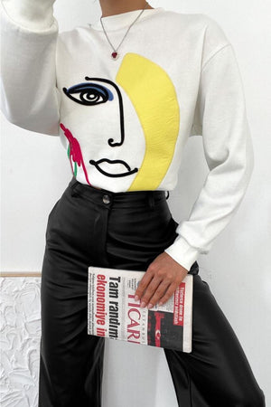 Kalın Içi Polarlı Nakış Işlemeli Kabartmalı Oversize Sweatshirt - Ekru