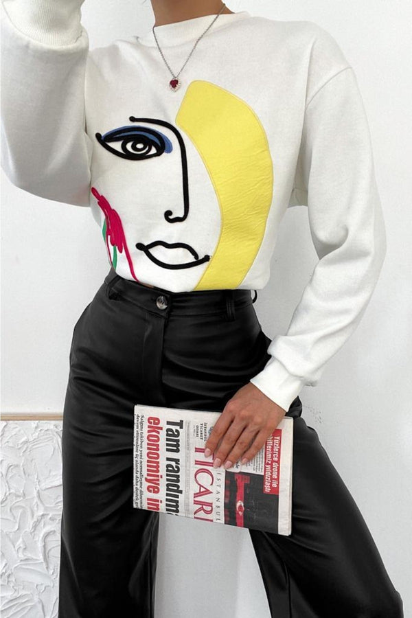 Kalın Içi Polarlı Nakış Işlemeli Kabartmalı Oversize Sweatshirt - Ekru