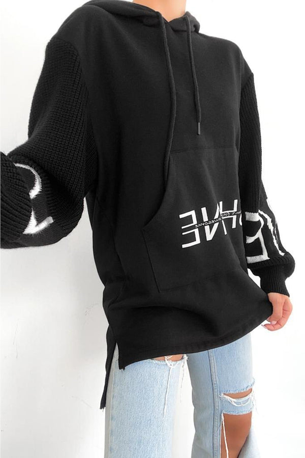 Beyaz Shine Yazılı Kollar Örme Triko Detaylı Kanguru Cepli Kapüşonlu Kadın Sweatshirt Hoodie - Siyah