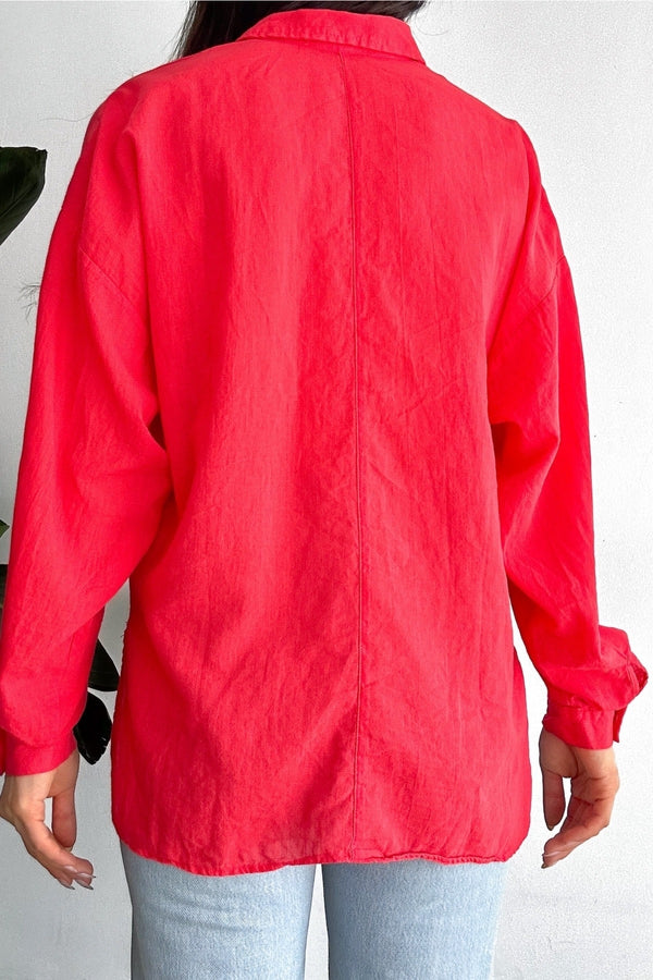 Kadın Düşük Omuz Tek Cep Basic Oversize Geniş Kalıp Gömlek - Nar Çiçeği