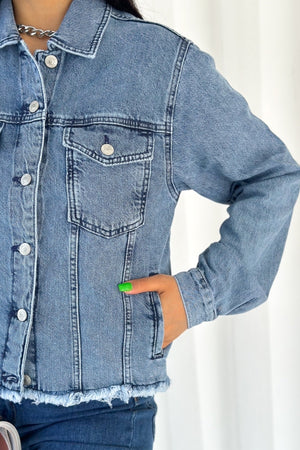 Kadın Sırtı Kalp Zincirli Dekolteli Yeni Sezon Kot Ceket - Mavi