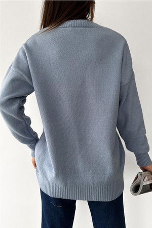 Kadın Bebe Mavi V Yaka Standart Beden Oversize Basic Triko Kazak - Bebe Mavisi