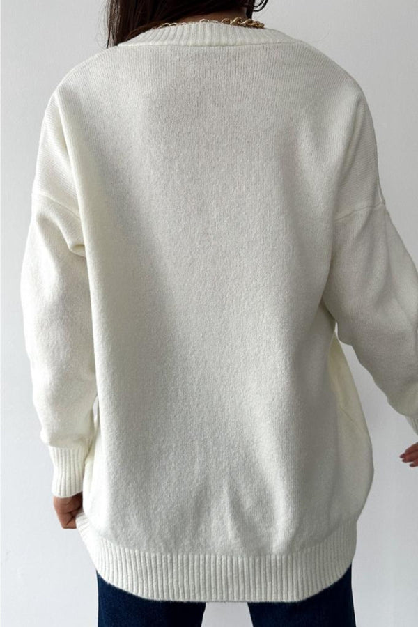 Kadın V Yaka Standart Beden Oversize Basic Triko Kazak - Beyaz