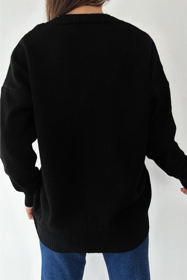 Kadın V Yaka Standart Beden Oversize Basic Triko Kazak - Siyah