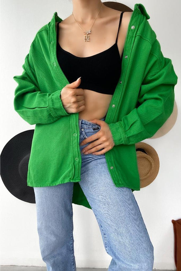 Kadın Düşük Omuz Oversize Çıtçıtlı Kalın Gömlek - Yeşil