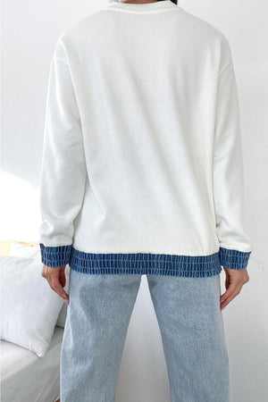 Kadın Etek Ucu Ve Bilekleri Kot Detaylı Kelebek Taşlı Pamuk Sweatshirt - Beyaz