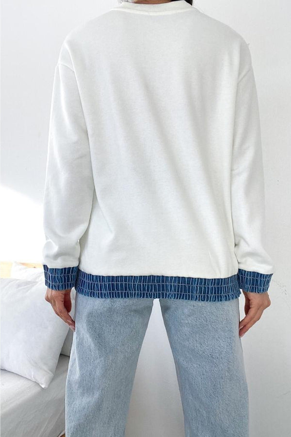 Kadın Etek Ucu Ve Bilekleri Kot Detaylı Kelebek Taşlı Pamuk Sweatshirt - Beyaz