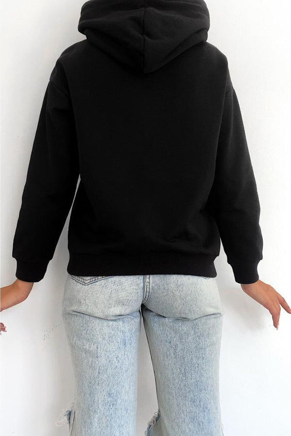 Kadın Yeni Sezon Karakter Baskılı Kapüşonlu Pamuklu Sweatshirt - Siyah