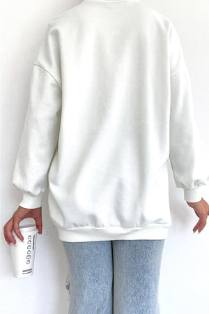 Yeni Sezon Selfie Baskılı Pamuklu Oversize Sweatshirt - Beyaz