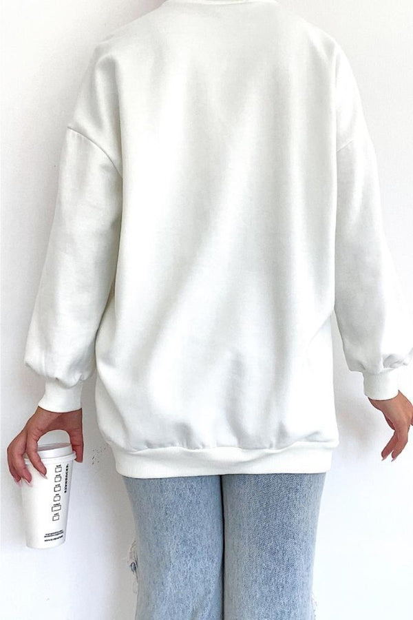 Yeni Sezon Selfie Baskılı Pamuklu Oversize Sweatshirt - Beyaz