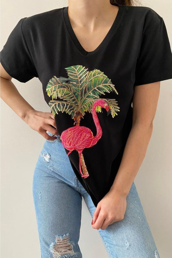 Kadın V Yaka Flamingo Pul Işlemeli Pamuk T-shirt - Siyah