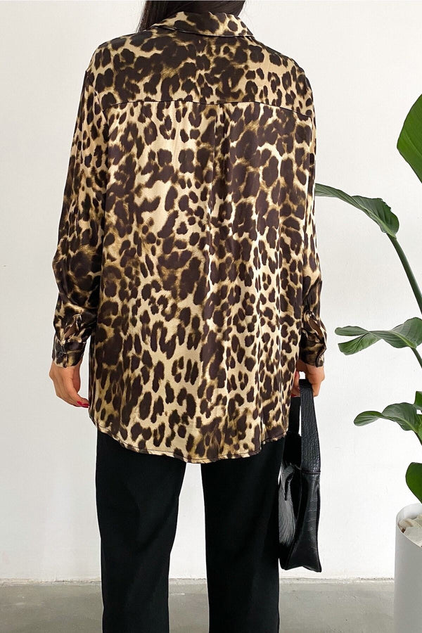 Kadın Yeni Sezon Leopar Desen Salaş Oversize Gömlek - Siyah