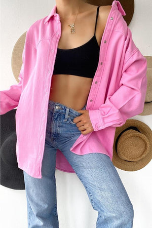 Kadın Düşük Omuz Oversize Çıtçıtlı Kalın Gömlek - Pembe