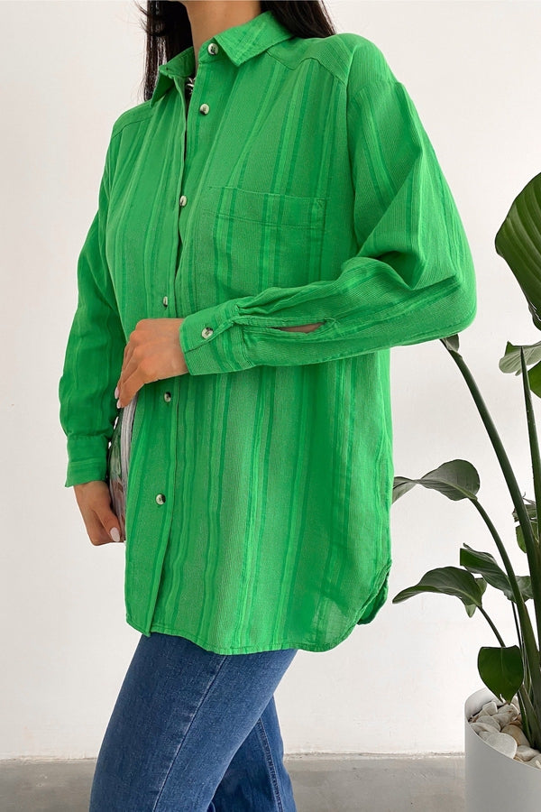 Kadın Yeni Sezon Tek Cepli Salaş Oversize Gömlek - Yeşil