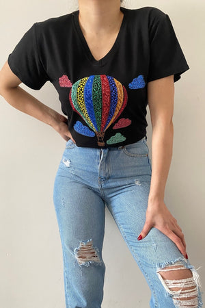 Kadın V Yaka Yeni Sezon Balon Desen Pul Işlemeli Pamuk Tişört - Siyah