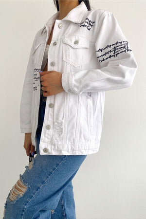Kadın Yeni Sezon Lazer Kesim Çift Cepli Yazı Nakış Işlemeli Kot Ceket - Beyaz