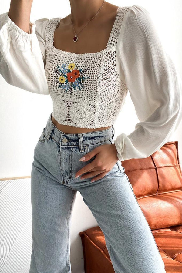 Kadın Kare Yaka Balon Kol Çiçek Nakış Işlemeli Dantel Crop Bluz - Beyaz